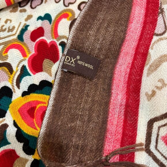 Dana Xu DX 100% Wool Large Scarf Pashmina Wrap Fringe Brown Floral Boho Shawl - Picture 4 of 8